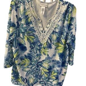 Alfred Dunner Blue Yellow Lace V Neck Textured 3/4 Sleeves Top - Sz XL